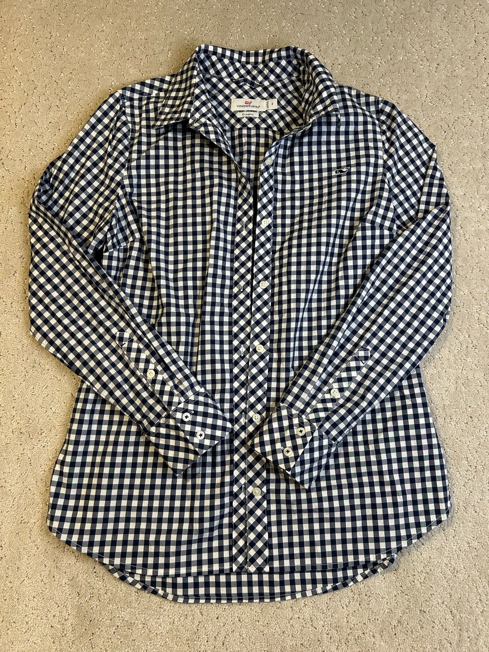 Women's VINEYARD VINES 2 Navy Blue White Gingham Blouse Classic Preppy Shirt
